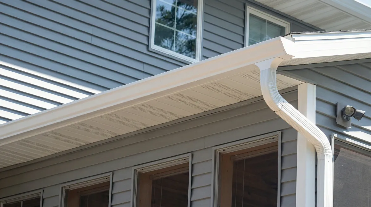 Professional home remodeling project showing newly installed white seamless gutters and downspouts on a house with gray siding in Overland Park, KS