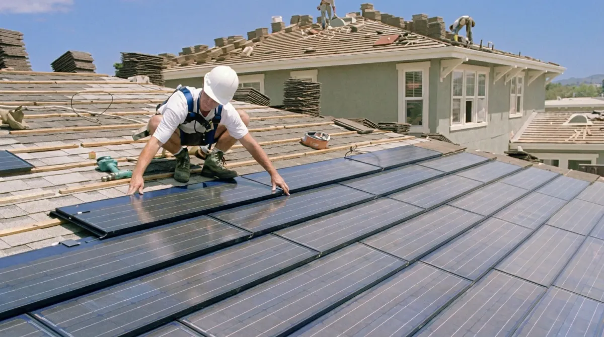 Roof replacement expert installing modern solar shingles on a residential home in Overland Park, KS