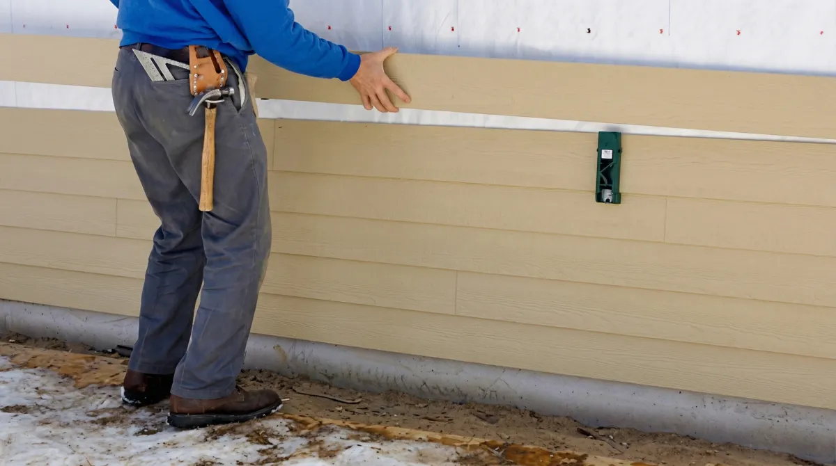 Siding replacement expert carefully aligning a new tan siding panel onto a residential exterior wall in Overland Park, KS