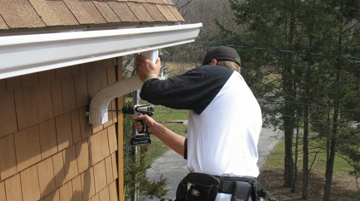 Professional contractor installing tan vinyl siding panels on a residential home exterior in Overland Park, KS