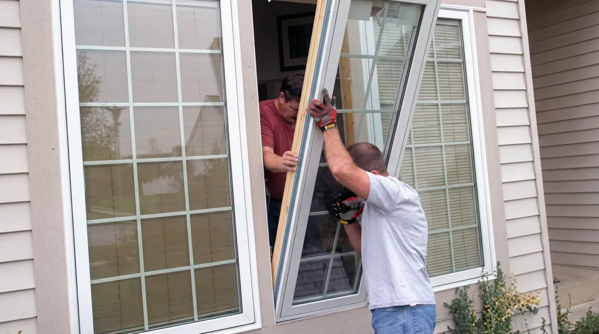 Professional home remodeling team installing a large replacement window on a house with tan siding in Overland Park, KS